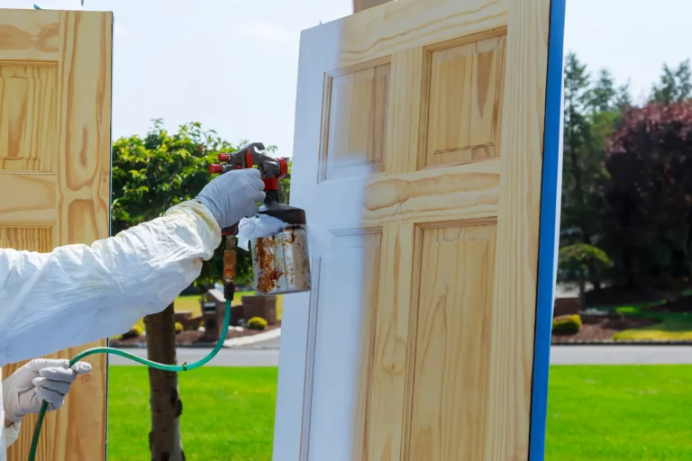 Professional painting unfinished wood door with sprayer in Chico, CA